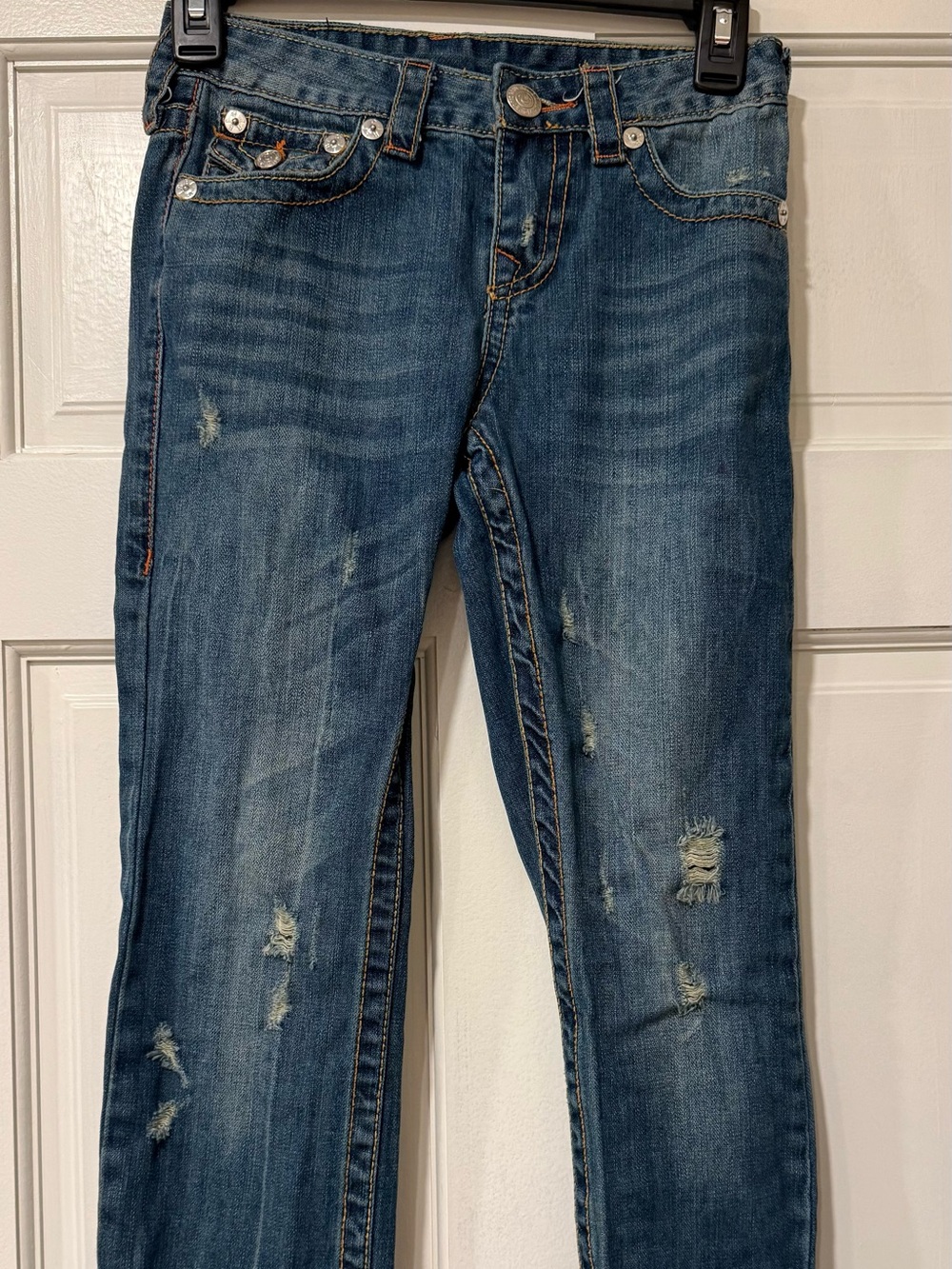 Retired True Religion Ripped Joey Jeans Orange Stitching Sz 10 Girl’s